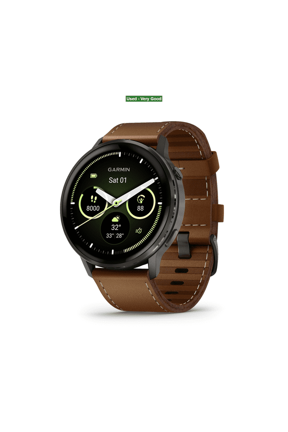Pre-Owned Garmin Venu 4, 45mm, Advanced Health and Fitness GPS Smartwatch, Bright and Colorful Display, Built-In Flashlight, 12 Days of Battery Life, Slate with Black Silicone Band/Brown Leather Band