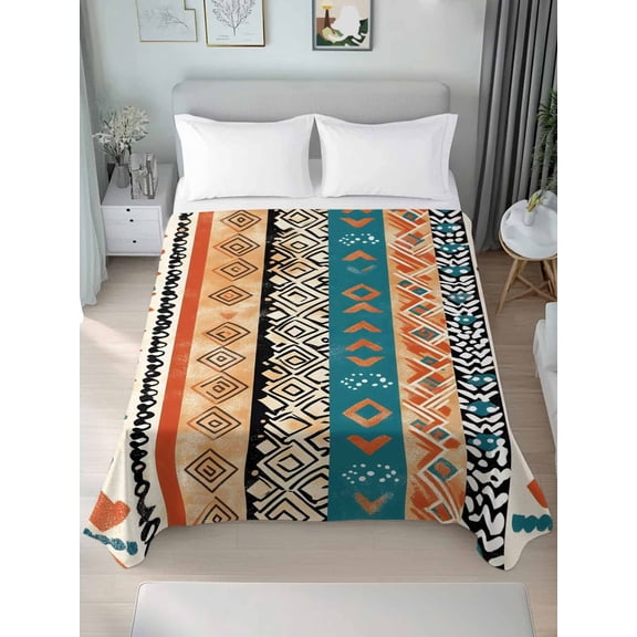 Boho Retro Twim Size Flat Sheet, Wrinkleproof & Fadeproof Cooling Flat Bed Sheet Only, Bohemian Ethnic Patterns Southwest Stripe Breathable Soft Bedding Top Sheets 66 x 96 Inches