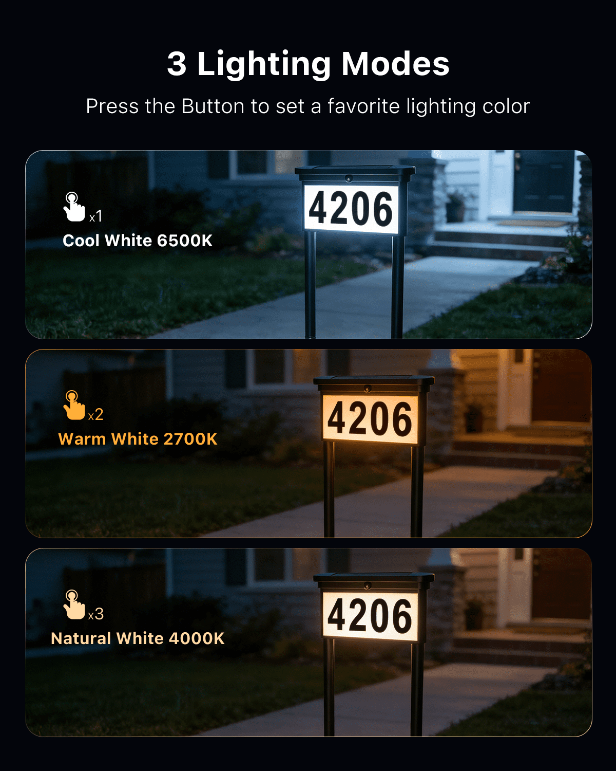Yinghao Solar House Numbers Outdoor Waterproof Light up House Address Plaque, 3 Colors Dual Sided Stakes Installation Lighted Sign for Home, Mailbox