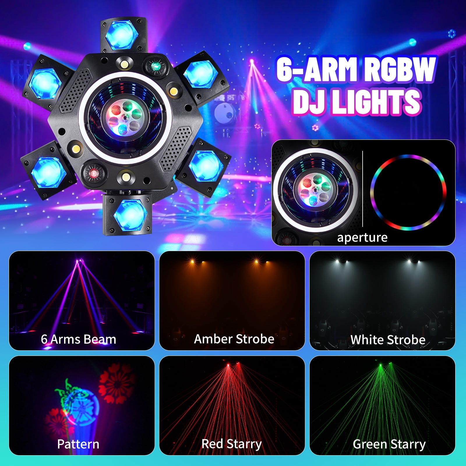 150W Disco Stage Light, 6 Arm RGBW LED  Moving Head DJ Lights  with Mixed Lighting Effects, Sound Activated, DMX 512 Remote Control DJ Lights for Disco Club Wedding Party (Pattern)