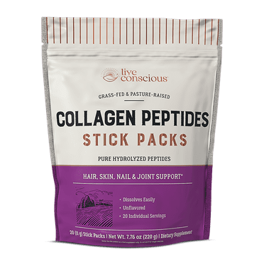 Live Conscious Collagen Peptides Packets - Hydrolyzed Collagen Packets To Go - Grass-Fed Collagen for Women & Men - Biotin and Collagen with Vitamin C - Hair Skin Nail & Joint Support (20 Pack)