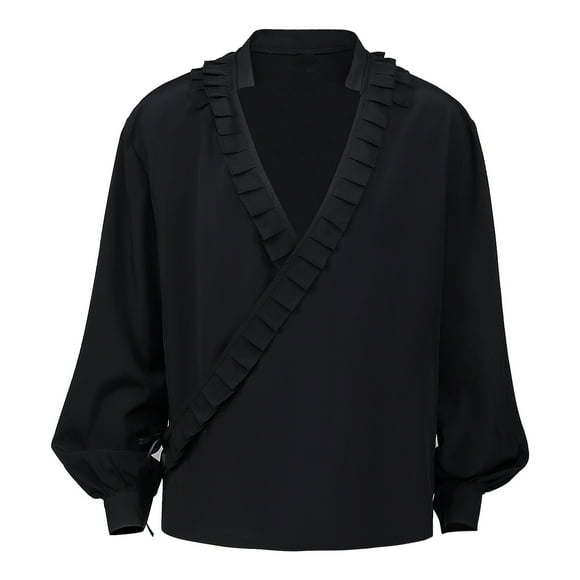 Penkiiy Men's Dress Shirts Men Casual Fashion Pullover V-neck Long Sleeve Ruffled Renaissance Shirt Steampunk Trumpet Sleeve Top Black Shirts