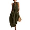 thumbnail image 6 of fheaev Women's Maxi Dress Linen Halter Neck Sleeveless Pleated Backless with Pockets Solid for Vacation Army Green S, 6 of 6