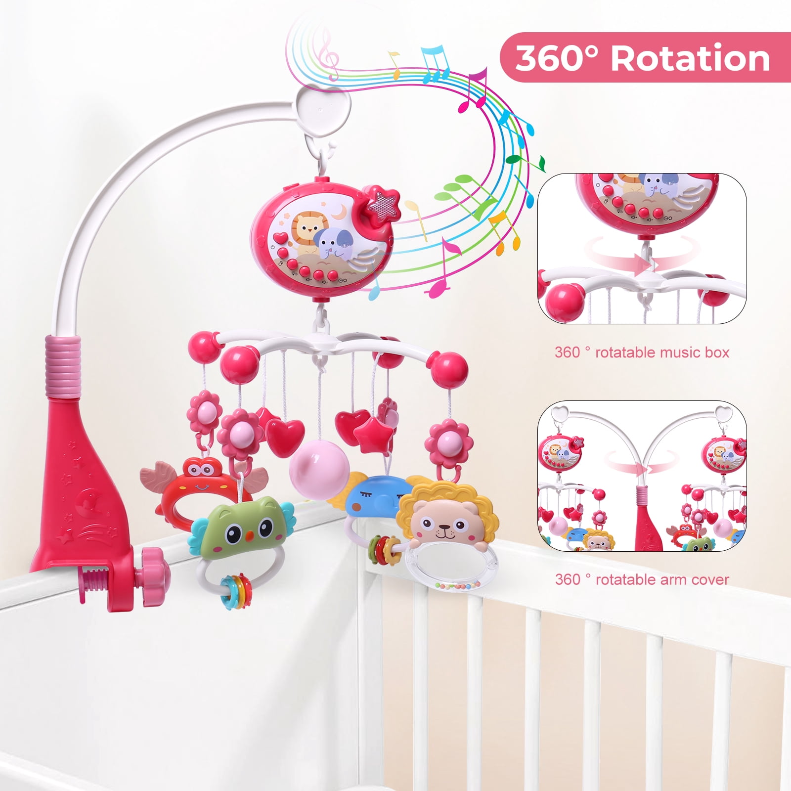 SUMWE Baby Mobile for Crib with Crib Toys Music and Lights for Pack and Paly Crib Musical Carousel Mobile Baby Mobile for Girls and Boys Portable Mobile for Baby Bassinet Toys Hanging - Red
