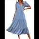 thumbnail image 2 of Vestido Informal de Verano para Mujer, con Volantes, Corta, Cuello en V, Botones, Estilo Bohemio, para Playa, Corte en A, Fluido, con Azul S, 2 of 10