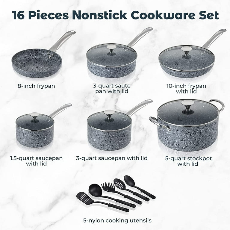 16 Pieces Nonstick Cookware Set - KOCH SYSTEME CS Nonstick frying pans,  Grey Granite Cookware with Derived Coating, Induction Pot&Pan Set,  Stainless