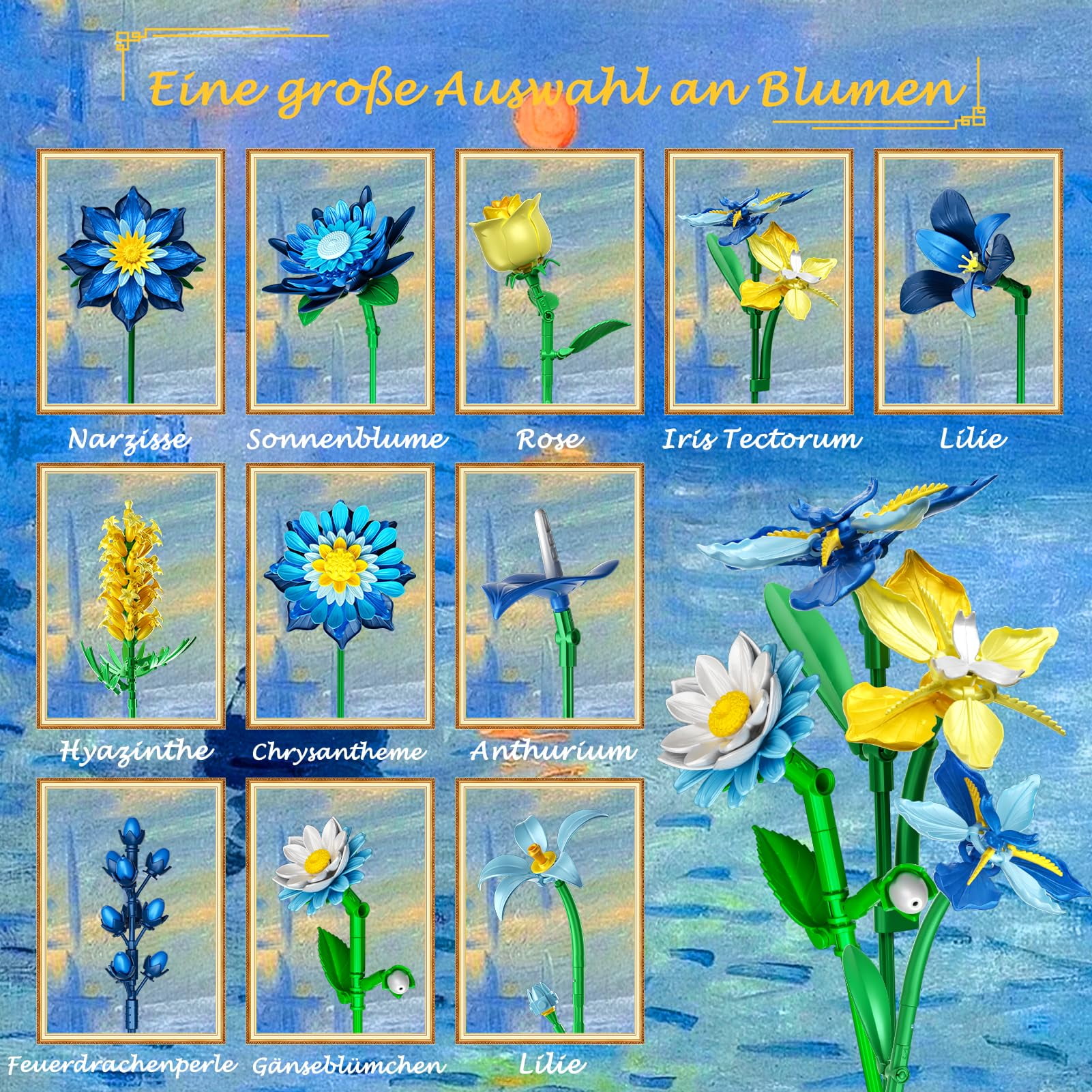 OKKIDY Glacia Daisy Flower Bouquet Building Blocks Set Compatible with Lego,Ice Blue Botanical Collection，Mother's Day Gift for Mom Women Adults & Girls