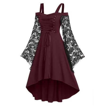 

Womens Renaissance Medieval Costume Dress Steampunk Victorian Gothic Swing Dress Plus Size Flare Long Sleeve Retro Gown