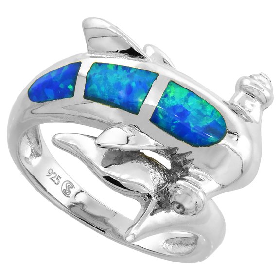 925 Sterling Silver Inlay Synthetic Blue Opal Hammerhead Shark Ring 19mm