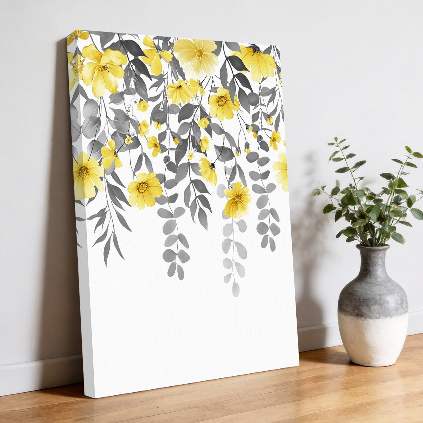Spring Summer Flowers Canvas Wall Art for Living Room, Vintage Watercolor Yellow Floral Grey Leaf Plant Poster Print Painting for Bedroom Office Home Decoration Wall Pictures Prepare To Hang 16"x24"
