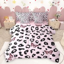 Homewish Wild Leopard Print 7pcs Bedding Comforter Set,Chic Butterfly Queen Bedding Sets,Pink Black Queen Sheet Sets For Girls Kids,Breathable Home Decor Reversible