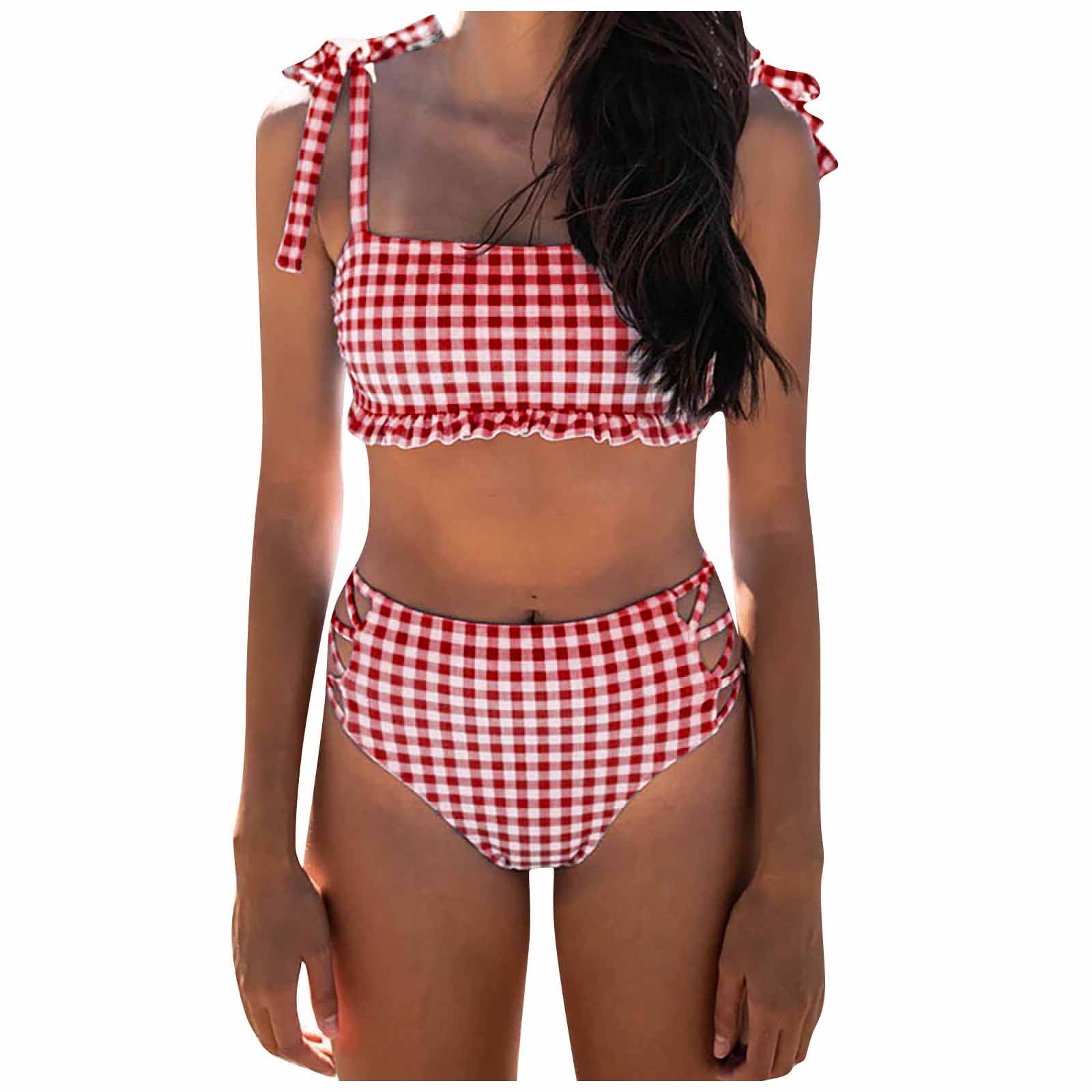 Swimsuits for Women Women's Plaid Tie Bikini High Waist Split Two Piece