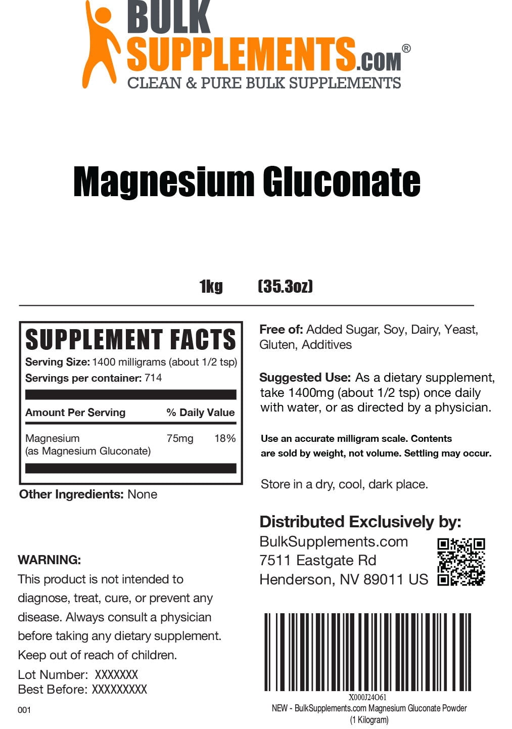 BulkSupplements Magnesium Gluconate Powder- 1.4g per Serving - 1 Kilogram (2.2 lbs) - 714 Servings