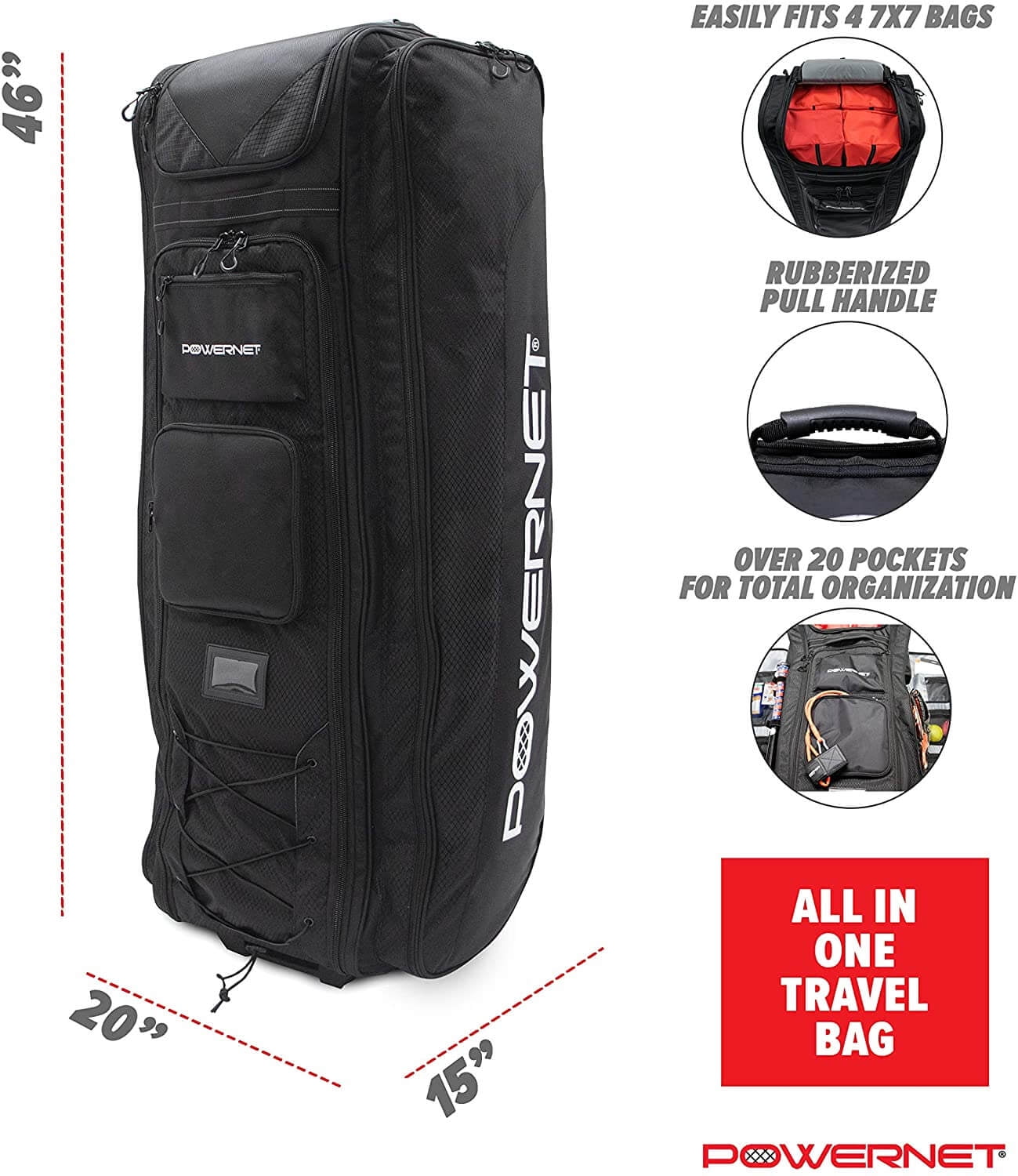 PowerNet All Gear Transporter Baseball Travel Bag, Rolling Duffle Bag with Wheels & Handle for Baseball Accessories, Catchers Gear & Bats, Main Pocket Fits Four 7x7 Nets