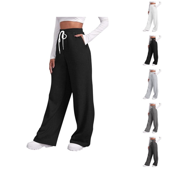 Sweatpants for Women Casual Elastic High Waist Drawstring Wide Straight Leg Sweat Pants with Zipper Pockets Loose Trousers