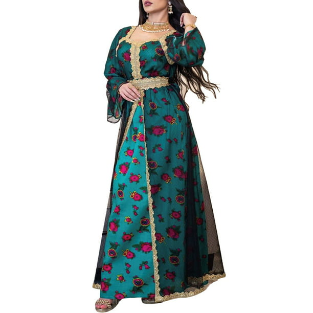 Womens Floral Abaya Dubai Muslim Long Dress Long Sleeve Islamic Arabic Robe Maxi Dresses Walmart Com