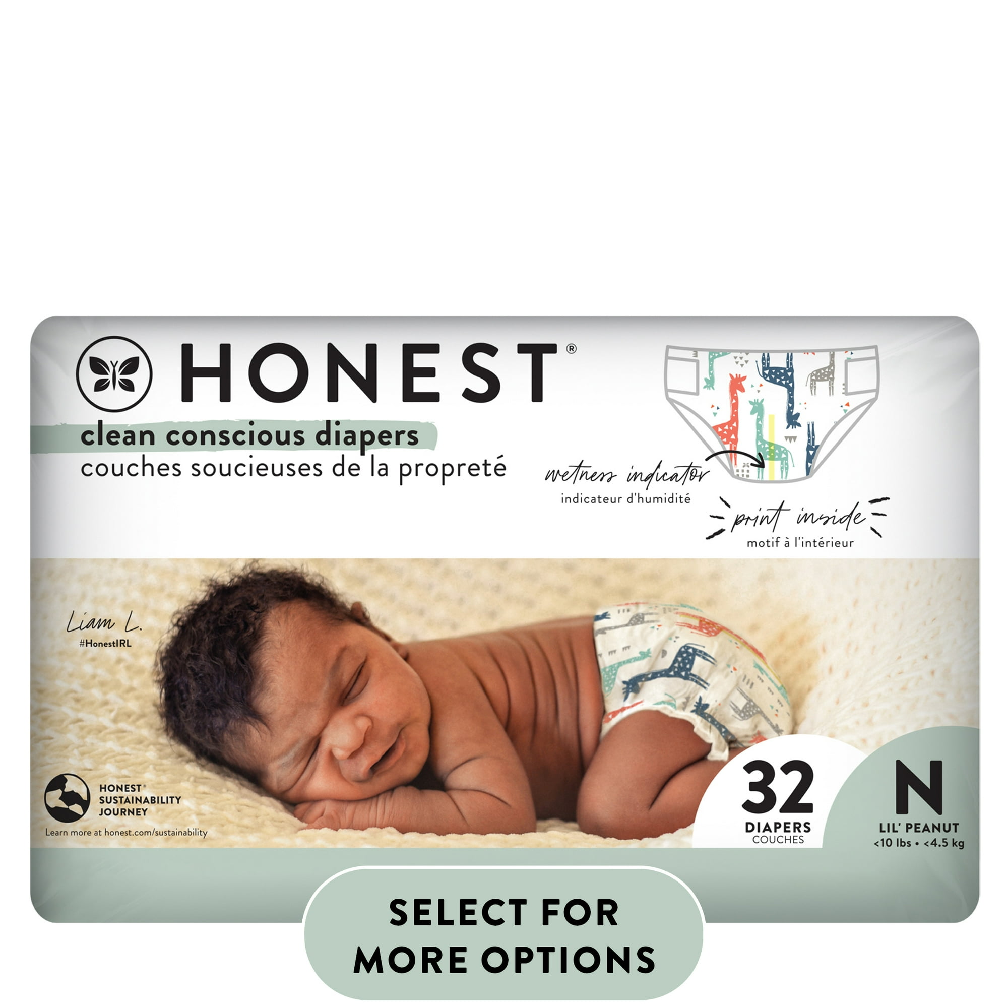 The Honest Company Clean Conscious Disposable Baby Diapers Giraffes Print Size Newborn ( Less than 10 lbs) 32 Count