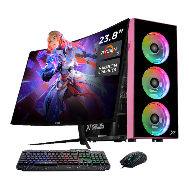 Computadora Escritorio Completa Xtreme PC Gaming AMD Radeon Vega Renoir Ryzen 7 5700G 16GB SSD 1TB Monitor Curvo 23.8 100Hz WIFI Pink juegos casuales, trabajo y estudio