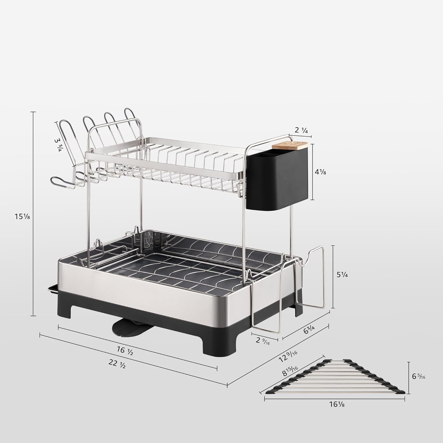 2 Tier Dish Drying Rack, Extra Large Dish Rack, Multifunctional Large Dish Drainers for Kitchen Counter, 304 Stainless Steel Kitchen Drying Rack, Bowl Drying Rack, Extendable Drain Spout, Black