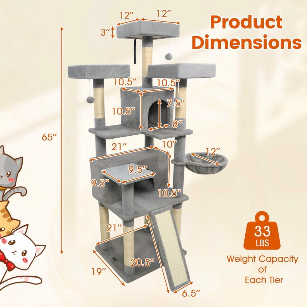 Resenkose 65-Inch Tall Multi-Level Cat Tree with 3 Soft Upholstered Perches and 2 Cozy Cat Condos, Light Gray