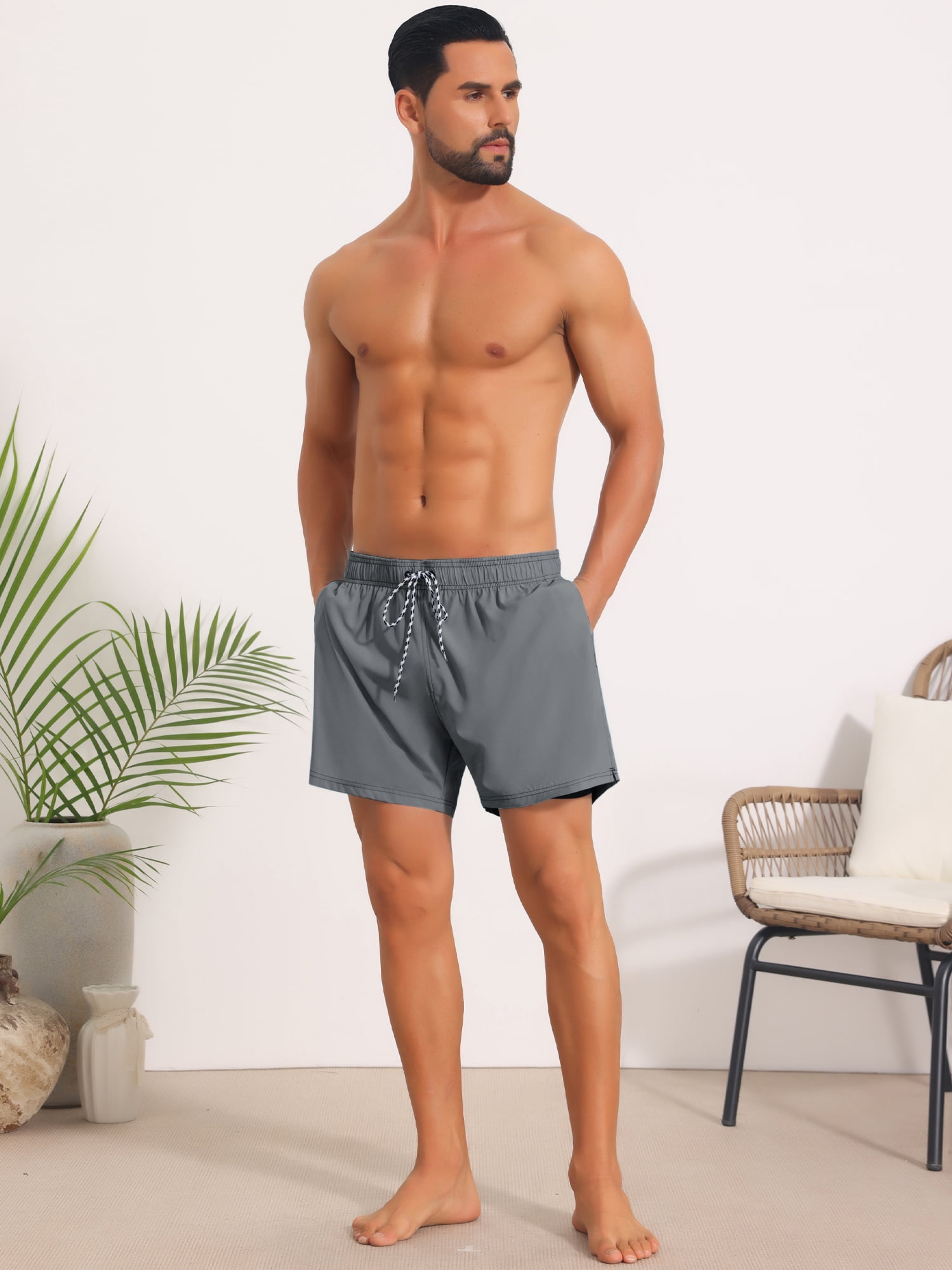 DARING DIVA Men's Board Drawstring Waist Stretch Liner Pool Beach Shorts 30 Gray