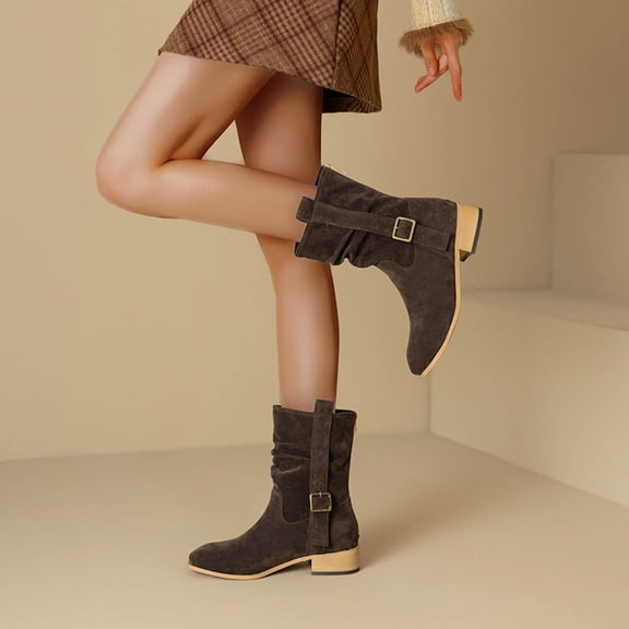 Women's Mid Calf Boots Slouchy Round Toe Flat Low Heel Riding Boots With back zipper