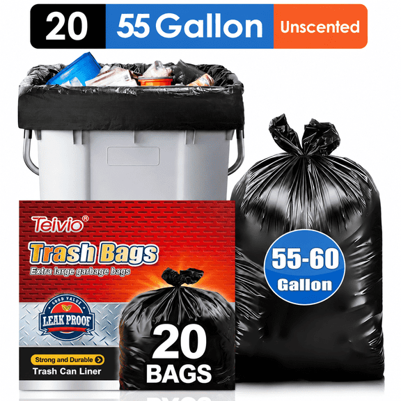 Teivio 55-60 Gallon Black Trash Bags | 20 Bags Extra Large Multi-Use Commercial Garbage Bags | Lawn And Leaf Bags | Outdoor Yard Waste Bag | Workshops Trash Bin Liner