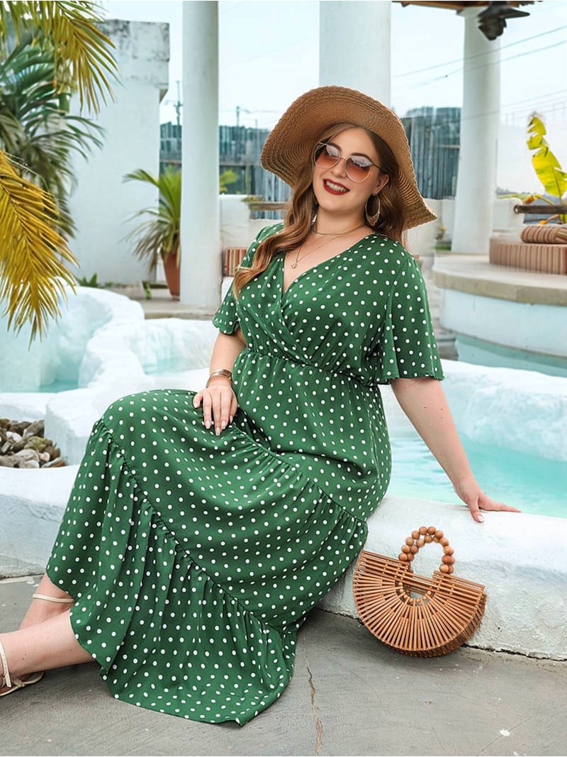 plus size green polka dot dress Women'S Casual Plus Size Polka Dots Dress Summer Short Sleeve V Neck Loose  Tiered Maxi Dresses Green XXL