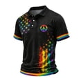 thumbnail image 3 of Men's Rainbow Peace Sign Polo Shirt with Colorful Star Splatter Graphic and Striped Cuffs Featuring Classic Collar Short Sleeves Black L, 3 of 5