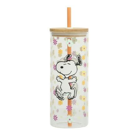 Peanuts Snoopy 22oz Glass Sipper Floral Cup
