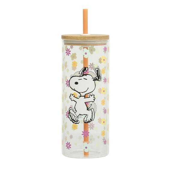 Peanuts Snoopy 22oz Glass Sipper Floral Cup