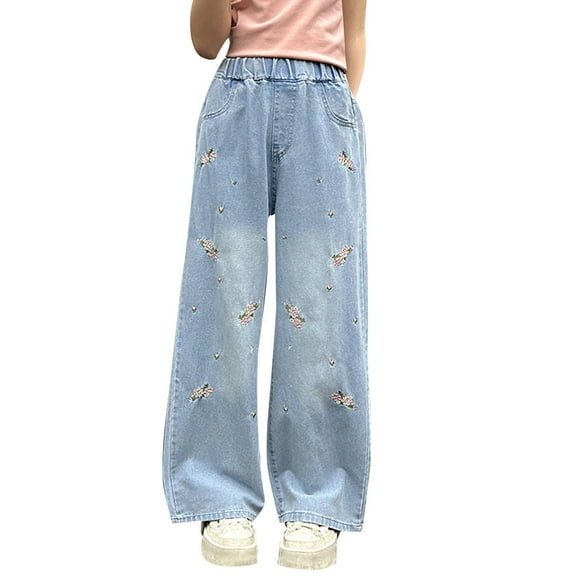 Ruyang Girls Bow Cute Jeans Baggy Ripped High Waist Denim Pants with Pockets Kids Wide Leg Fall Fashion Y2k Denim Trousers