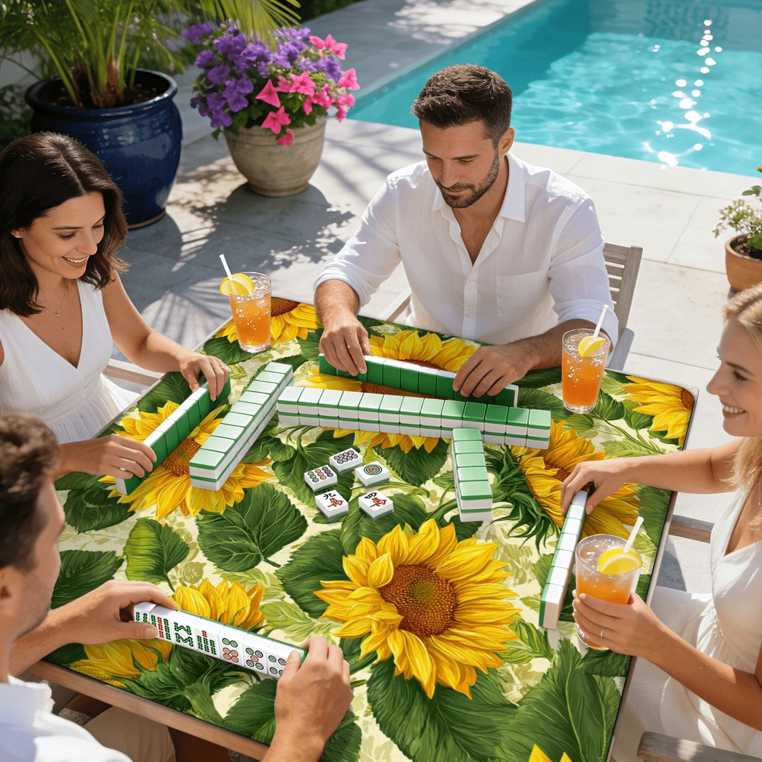 Mahjong Mat 31.5" x 31.5" Sunflowers summer seamless Non-Slip Noise Reduction American Mahjong Tiles Table Cover for Dominoes Poker Card Board Games Gift