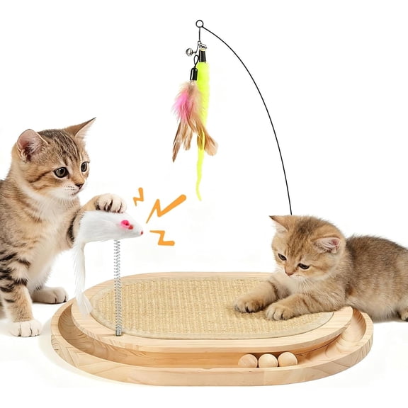 Cat Scratcher, Natural Sisal Scratching Pad, Kitten Interactive Toy with Ball Track & 3 Spring Plush Toys for Chasing Hunting Exercise, Round Wooden Cat Scratchers for Indoor