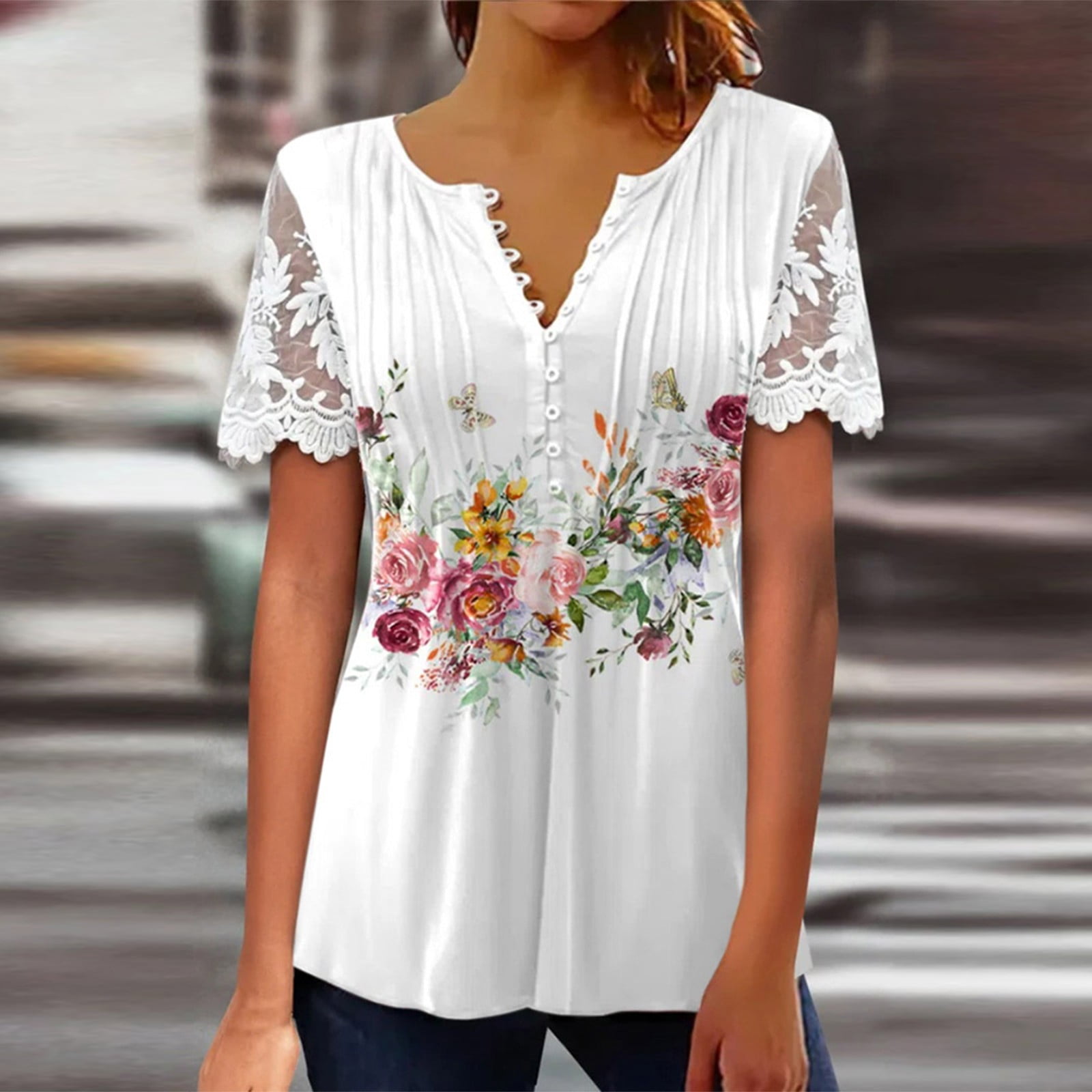 Cuoff Blouses for Women V-Neck Lace Splicing Short Sleeve T-Shirt ...