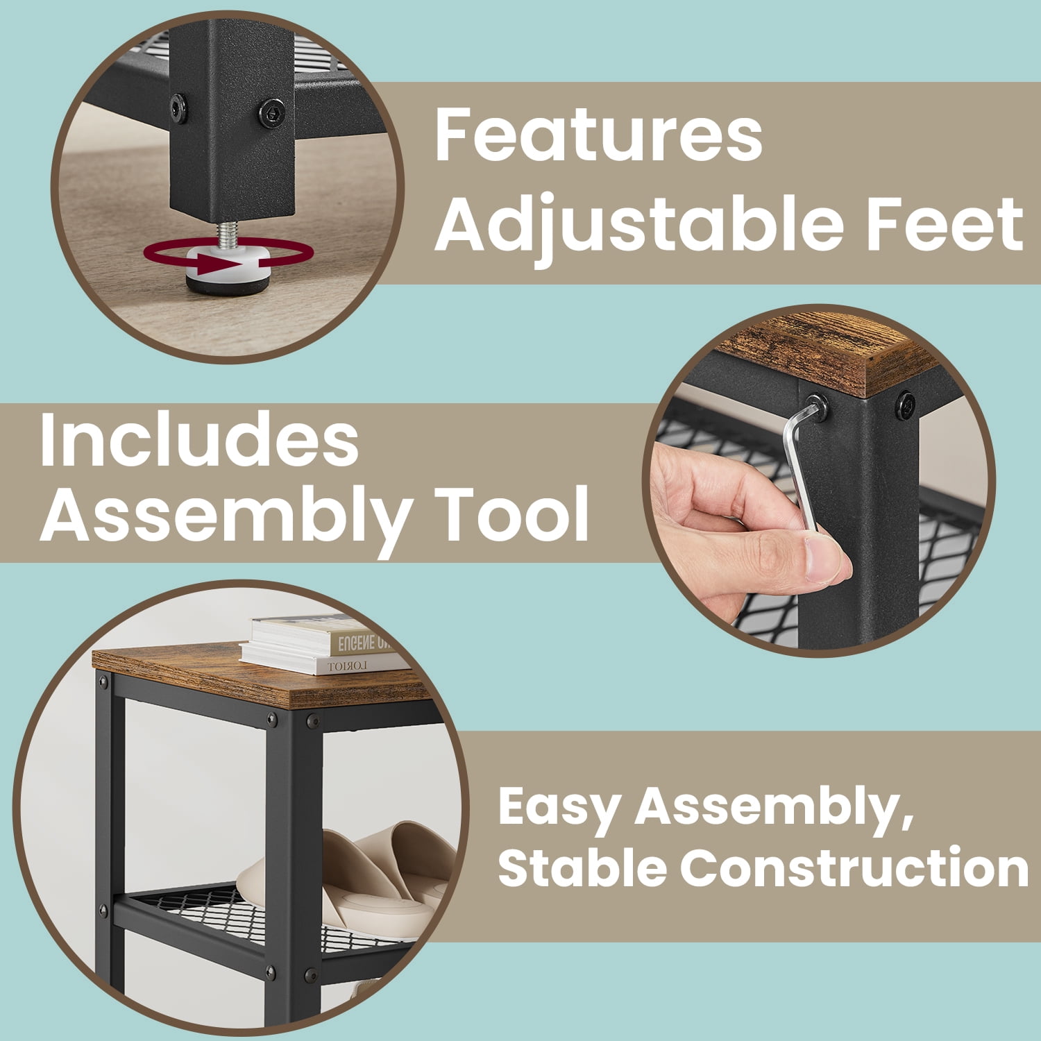 LEDREM 3-Tier Shoe Rack Bench with Seat , Free Standing Shoe Organizer with Mesh Shelves for Entryway , Holds 6-8 Pairs , 198lb Capacity ,Rustic Brown and Black