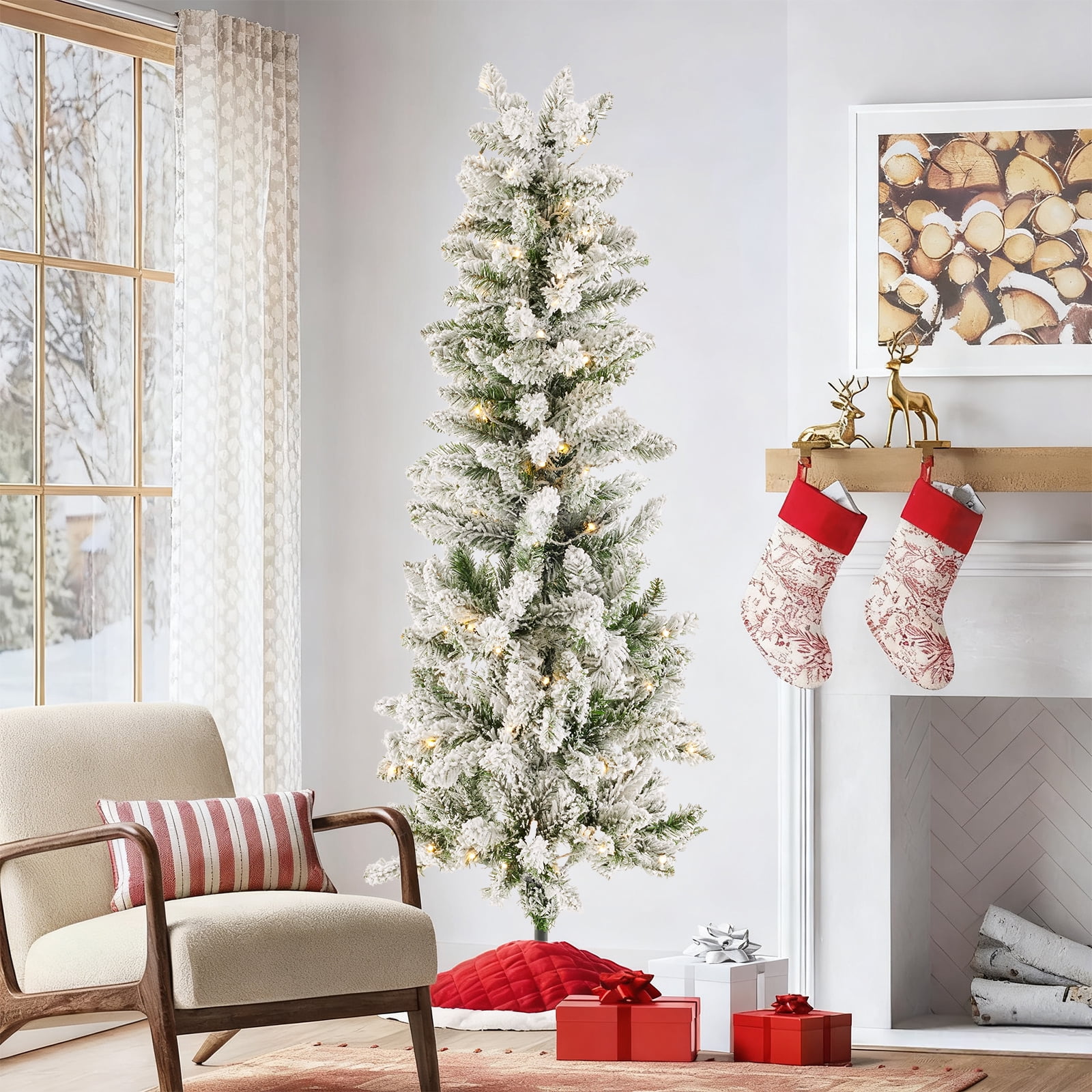 CONCETTA 7.5ft Snow Flocked Pencil Christmas Tree, Prelighted Artificial Christmas Trees with 350 Incandescent Lights, 860 Branch Tips & Foldable Base for Home, Office, Party