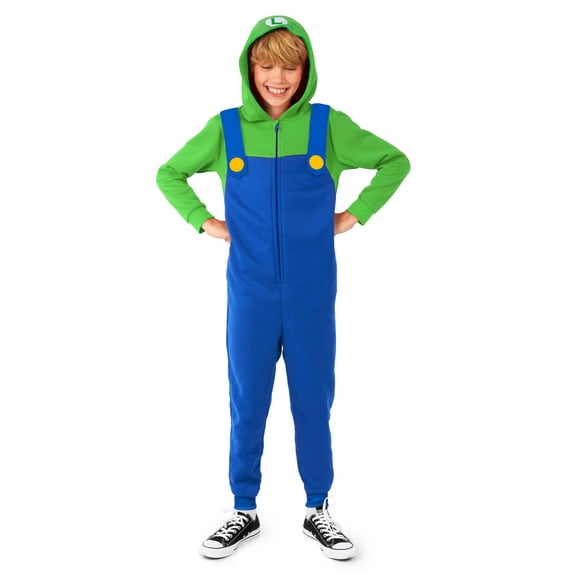 Morris Costumes OSKO1003L Super Mario Bros. Luigi Hooded one piece Costume for Kids - Large - Size 10-12