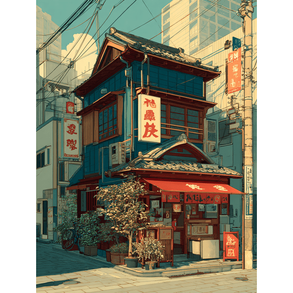 UXIEQU Japanese Street Scene Illustration Canvas Print 15.75x11.81 Inches