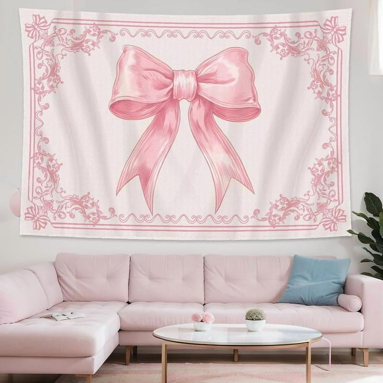 HunnmingRe Pink Bow Tapestry Coquette Pink Aesthetic Bedroom