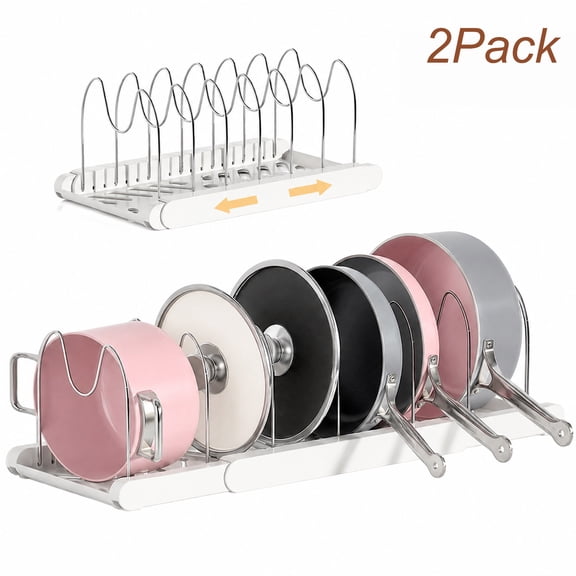 2 Pack Expandable Pot Pan Organizer Under Cabinet, 22" Expandable Food Storage Container Lid Organizers with 20 Adjustable Dividers Pot and Pan Lid Holders Rack Inside Cabinet/Countertop(White)