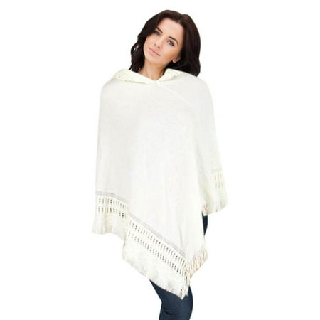 - Hooded Knit Poncho with Fringe-Ivory