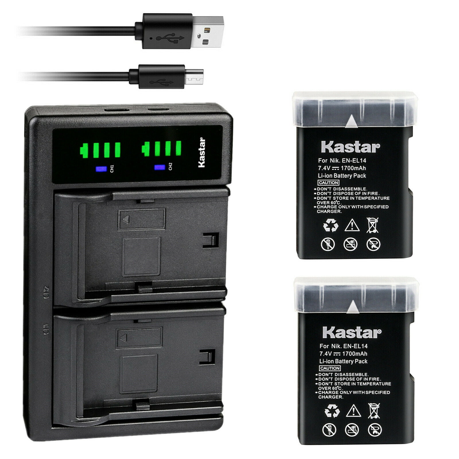 Kastar 2-Pack EN-EL14 Battery and LTD2 USB Charger Replacement for Nikon DF BG-2P 905-19045-00000-01, D3100/D3200/D3300, BG-2F 905-19021-00000-01, D3400, BG-2TIR 905-19035-00000-01 Battery Grip