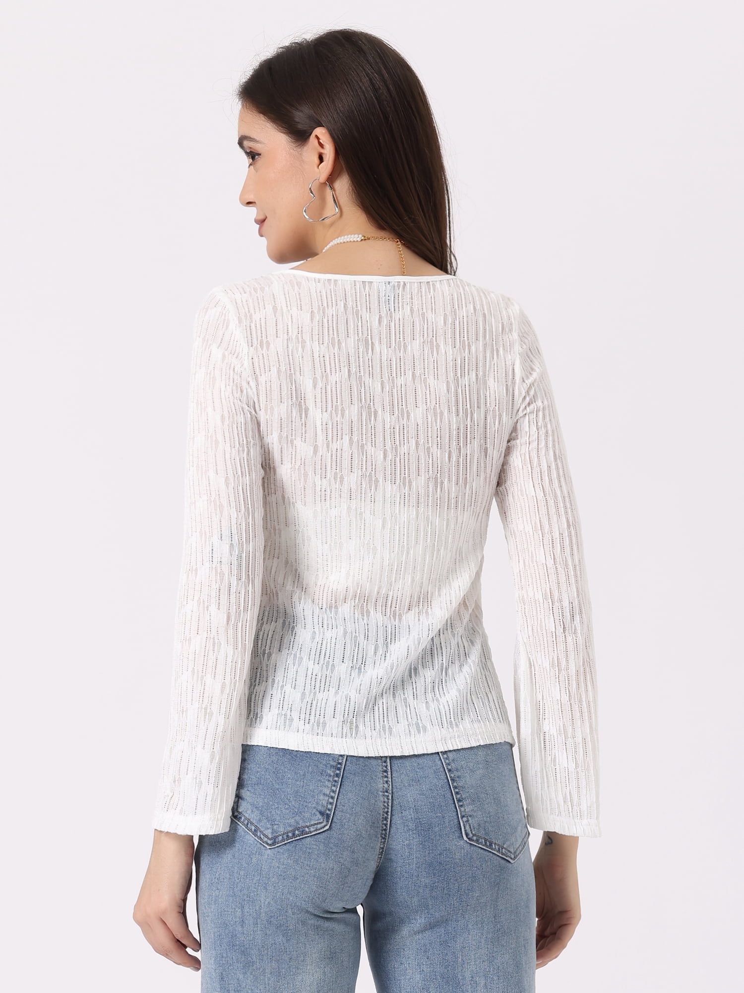 Unique Bargains Women's Tie Front Bell Long Sleeve Bolero Cardigan Shrug  M White