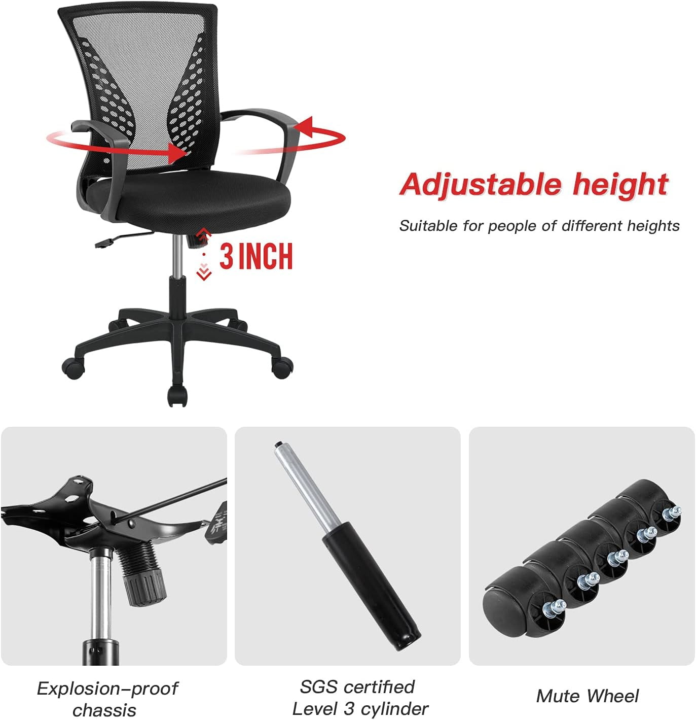 BestOffice Ergonomic Office Chair, Lumbar Support, Adjustable Height with Armrests for Adults(Black)