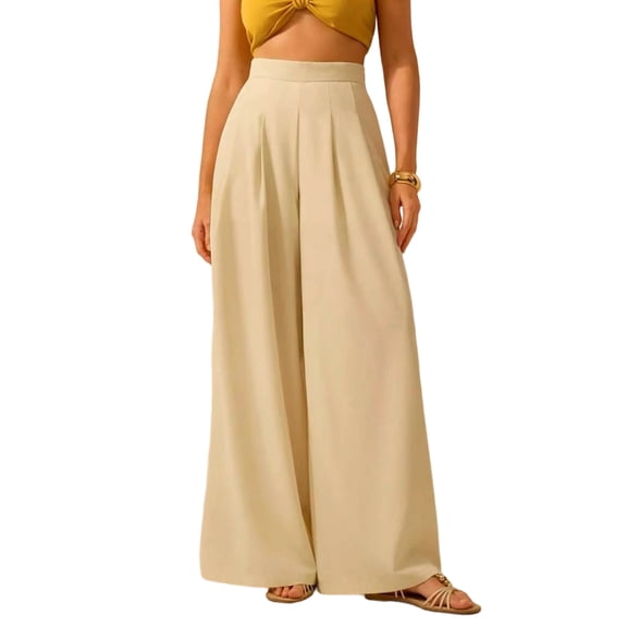 YIFUNIN Women's High Waisted Wide Leg Pants with Floral Print, Loose Fit Casual Palazzo Trousers for Spring Summer, Flowy Comfortable Beach Pants,Beige L