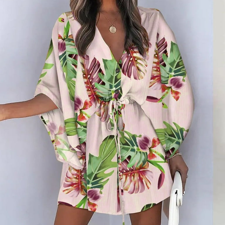 2DXuixsh Shirt Dresses with Pockets Womens Floral Neck Knot Front