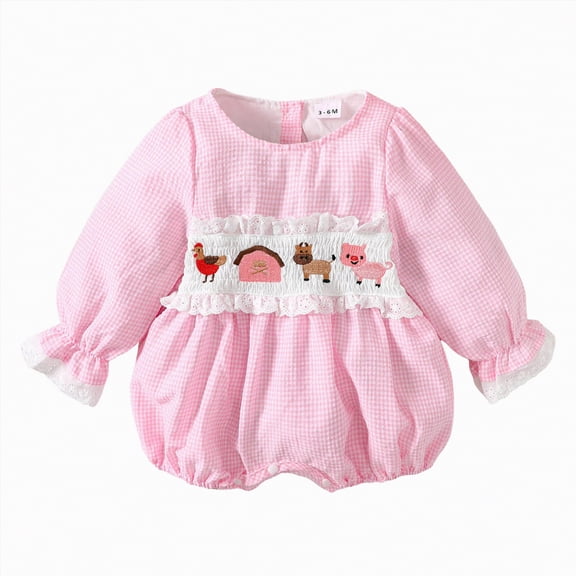 CAICJ98 Newborn Infant Baby Girl Bubble Romper Farm Embroidery Plaid Puff Long Sleeve Smocked Bodysuit Cute Fall Winter Clothes (Pink,12-18 Months)