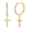 Cubic Zirconia Dangling Cross Huggie Hoop Earrings in Yellow Gold Plated Sterling Silver