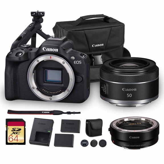 Canon EOS R50 Mirrorless Camera | 24.2MP APS-C, 4K 30p Video, Dual Pixel AF II, 15fps Burst, Vari-Angle Screen, Compact Beginner Vlogging Camera   Canon RF 50mm f/1.8 STM Lens   Tripod Grip   More